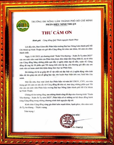 Thư cảm ơn từ Trung tâm Nhân đạo Làng Tre và Trường Đại học Nông Lâm - Phân hiệu Ninh Thuận